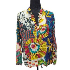 Johnny Was Silk Blouse XS Multicolor Floral Boho‎ Tunic Top 100% Silk